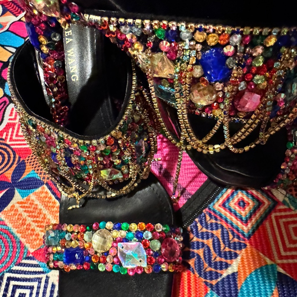 Vera Wang Black and Multicolor Embellished Sandals